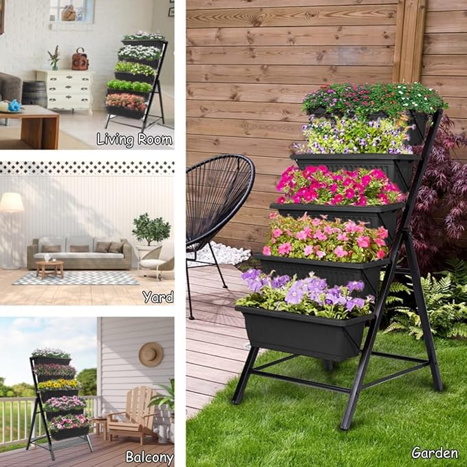 Homdox 2 Pack Elevated Garden Bed 5-Tier Freestanding Vertical Raised Bed for Gardening 5 Garden Planter Boxes and 5 Hooks Perfect to Grow Vegetables Herbs Flowers Outdoor Indoor Black