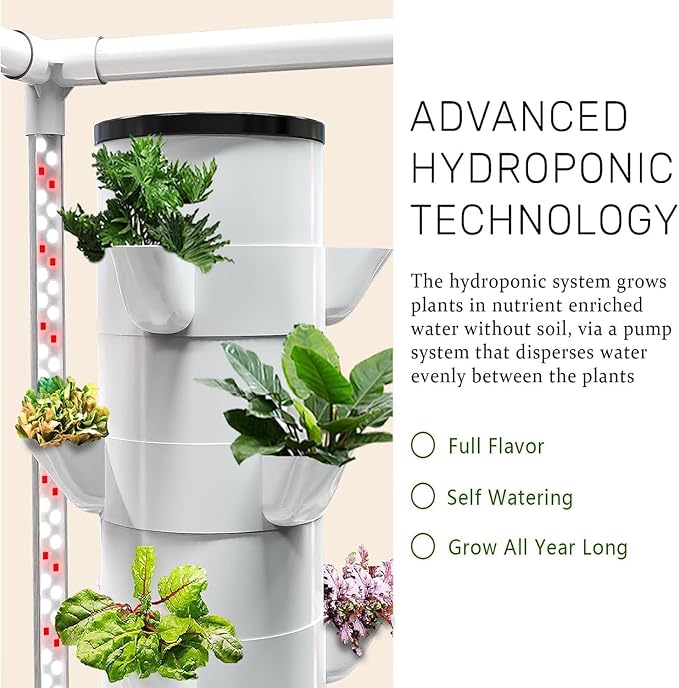 Hydroponics Tower Garden Growing System with LED Grow Lights 25 Pods Vertical Garden Planter Indoor Smart Garden Kit Fruits and Vegetables Aeroponic Tower with Pump and Movable Water Tank