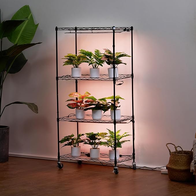 VEVOR Plant Stand with Grow Light 4-Tier Plant Shelfwith 45W Full Spectrum LED 3 Mode Plant Light with Timer and Wheel for Seed Starting Metal Plant Rack for Indoor Plants