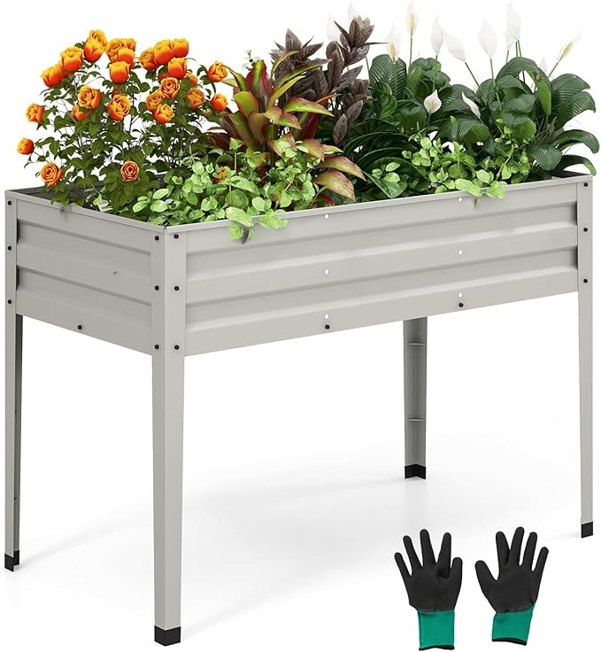 HAPPYGRILL Raised Garden Bed Galvanized Garden Box with Legs Drainage Holes 2 Gloves Outdoor Planter Box for Garden Backyard &amp Patio 46”x 24” x 32” Sliver