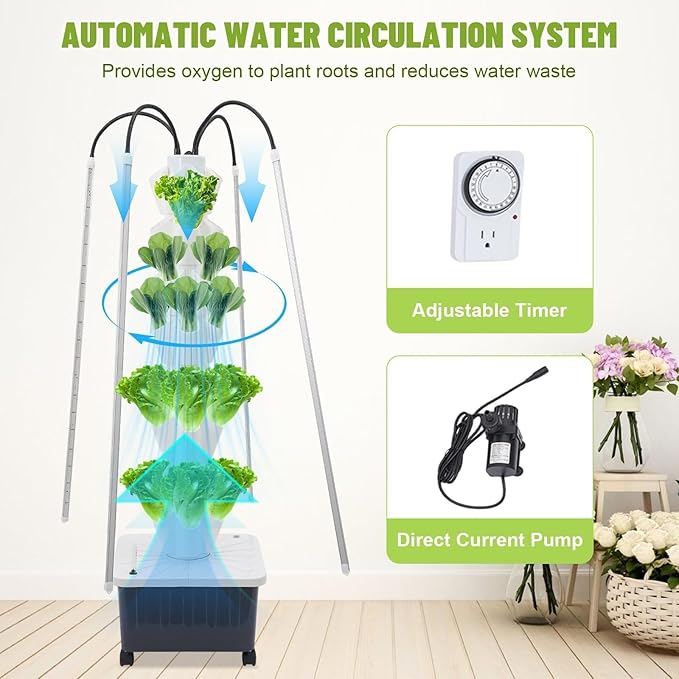 8 Tiers 40 Plant Hydroponic Growing Tower Indoor Garden Planter with LED Grow Light Vertical Smart Plants Germination Kit with Wheels and Timed Plug for Fruits Vegetables Herbs