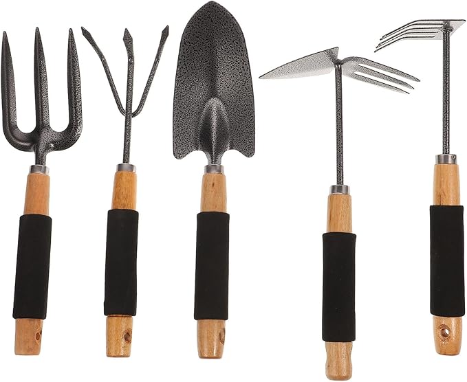 5pcs Garden Tool Set with Ergonomic Hand Trowels and Rake Practical Outdoor Planting Shovels with Storage Rack for Gardening and Lawn Care