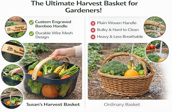 Harvest Basket Plastic Mesh Garden Hod with Personalized Bamboo Handle – Lightweight Vegetable Harvest Basket for Gardening Washing and Carrying Produce