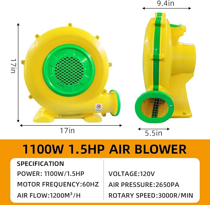 Inflatable Bounce House Blower QILEBA 1100Watt/1.5HP Powerful Air Blower for Large Inflatables Portable Bubble House Blower Fan Pump for Spray Booth Bouncy Castle Jumper Water Slid Blower Corded