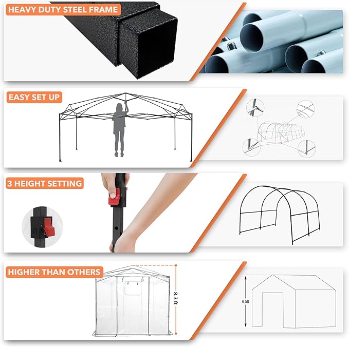 EAGLE PEAK 12x8 Portable Walk in Greenhouse Pop Up Indoor Outdoor Greenhouse Green House Kit with Zippered Roll-Up Doors Windows + Support Pole Woven Cover Translucent