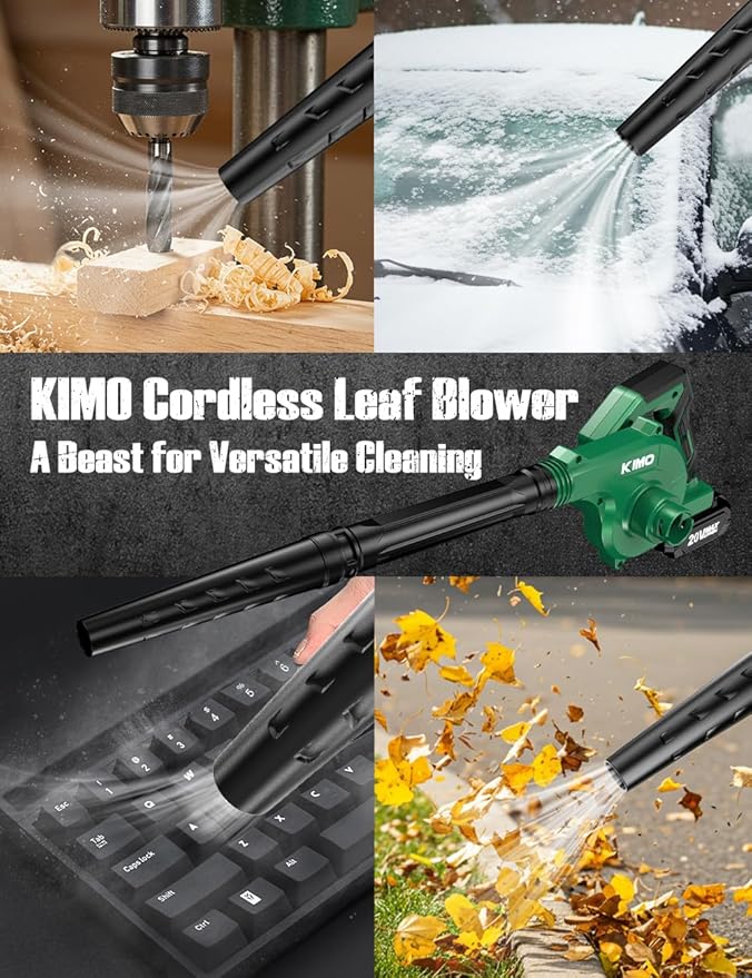 K I M O. Cordless Leaf Blower and Vacuum Combo 4 In 1 3 Nozzles for Inflation and Deflation 190MPH/260CFM Smart Panel with 3 Modes 20 Extended Tube 2000mAh Battery Cordless Blowers for Lawn Care