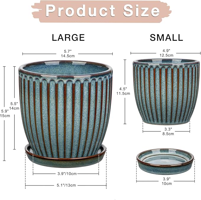 Oairse Ceramic Pots for Indoor Plants 4.9 +5.7 inch Pots for Plants Set of 2 Marble Blue Plant Pots with Drainage Holes and Saucers Texture Ceramic Planters Indoor Outdoor Flower Pots for Succulent