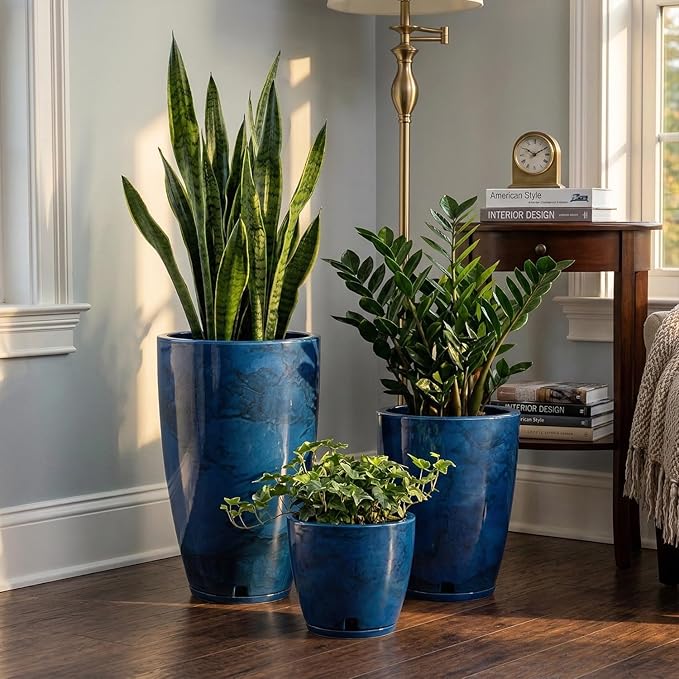 Floridis Planter Set of 3 Outdoor/Indoor Plastic Resin (Blue - Marble Effect)