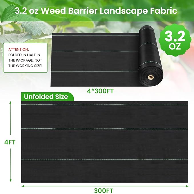 Rintea 4FTX300FT Weed Barrier Fabric 3.2oz Landscape Fabric Durable Weed Barrier Fabric Heavy Duty with 20 U-Shaped Securing Pegs for Landscaping Weed Blocker Garden Bed Cover Commercial Driveway