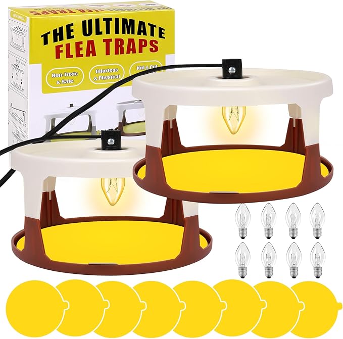Flea Traps for Inside Your Home 2 Pack Indoor Flea Light Electric Bed Bug Insect Killer with 8 Sticky Pads &amp 8 Light Bulb Replacement Natural Pest Control w/Glue Discs Refills Safe for Kid Pet