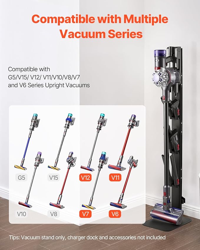 VEVOR Vacuum Stand Compatible with Dyson G5 V15 V12 V11 V10 V8 V7 V6 Series Upright Vacuums Cleaners &amp Accessary Stable Storage Stand Holder with 6 Hooks and Non-Slip Footpads Black
