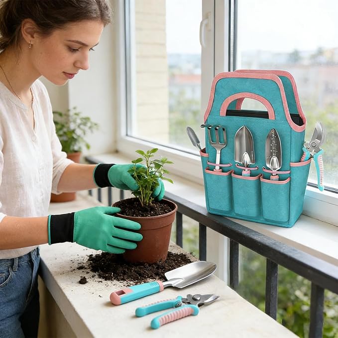 Gardening Tool Kit - Rake Gloves Pruner with Trowel | Garden Hand Tool Set with Tote | for Indoor Outdoor Lawn Backyard Patio Balcony Greenhouse