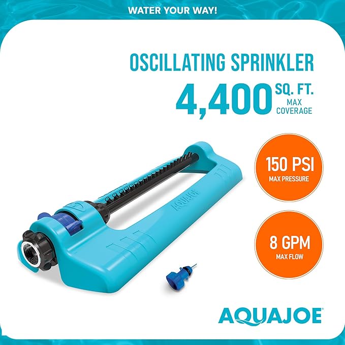 Aqua Joe SJI-OMS20 Jumbo Oscillating Sprinkler with Adjustable Spray and Metal Base Up to 4400-Square-Foot Coverage 70-Foot Spray Distance 63-Foot Spray Width