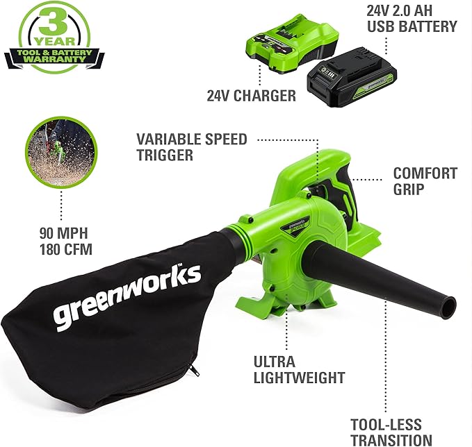 Greenworks 24V (90 MPH / 180 CFM / 200+ Compatible Tools) Cordless Shop Blower 2.0Ah Battery and Charger Included