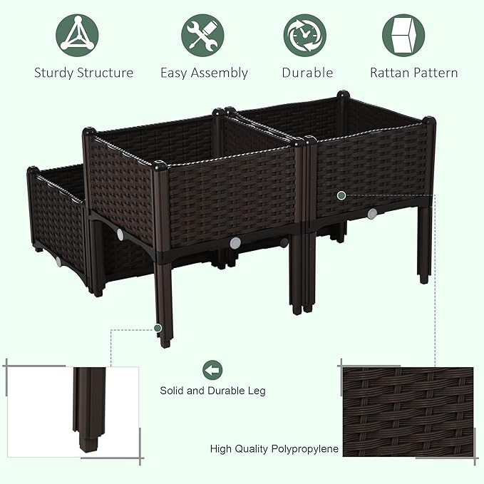 4 Piece Raised Garden Bed with Legs Self-Watering Planter Box Raised Bed to Grow Flowers Herbs &amp Vegetables Brown