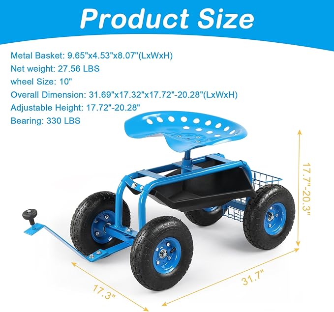 Rolling Garden Work Seat with Wheels Gardening Stool for Planting Garden Scooter with 360 Degree Swivel Seat &amp Steering Handle &amp Tool Tray Blue