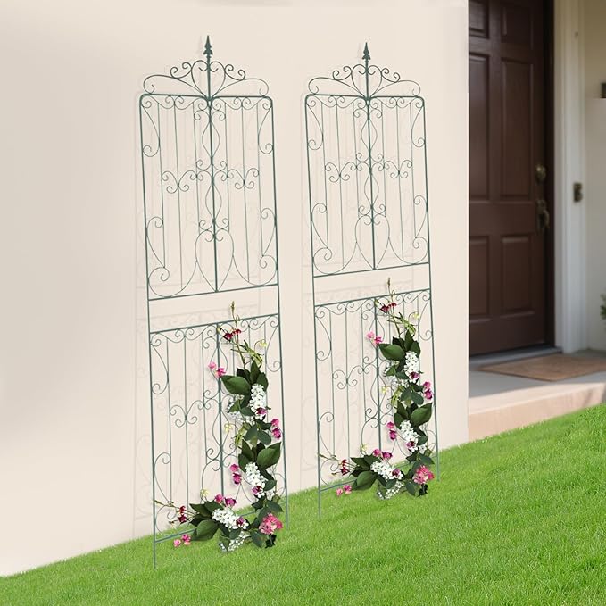2 Pack Metal Garden Trellis Panel 93 H x 26 W Outdoor Decorative Flower Arched Fence Trellis for Climbing Plants Patio Wall Panel Climbing Rose Support for Yard Lawn (Green)