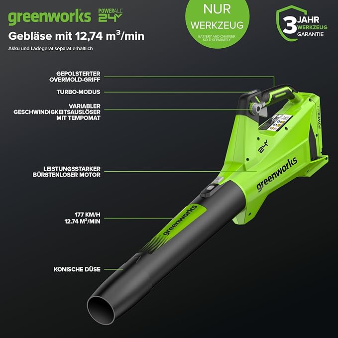 Greenworks 24V (110 MPH / 450 CFM / 200+ Compatible Tools) Cordless Brushless Axial Leaf Blower Battery and Charger Not Included