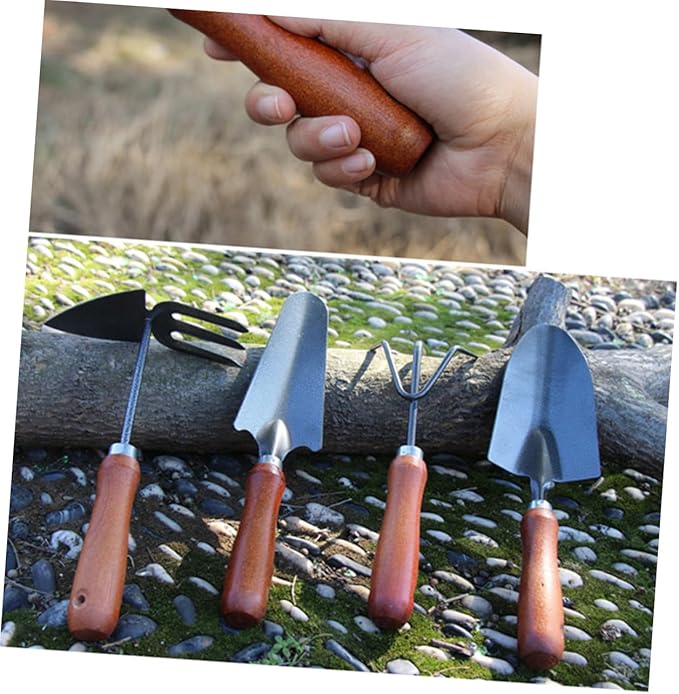 4pcs Thickened Mini Garden Tool Set Iron Spade with Handle for Planting Transplanting Weeding Lightweight Gardening Tools Combination for Gardeners
