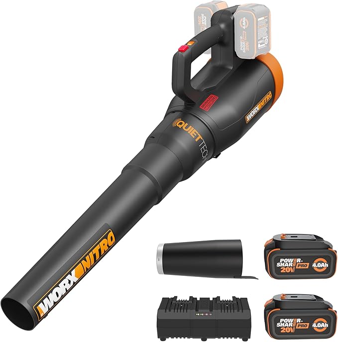 WORX Nitro Cordless Leaf Blower Quiet Electric Blower for Lawn Care with 530 CFM &amp 180 MPH 2 × 4.0 Ah Batteries &amp Charger Included WG581.1