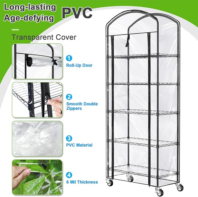 Abimars 5-Tier Greenhouse with Caster Wheel Each Shelf Height Adjustable Metal Plant Shelf with PVC Cover for Seed Starting Trays Seedling Pots Plant Pots 13x29x73inch