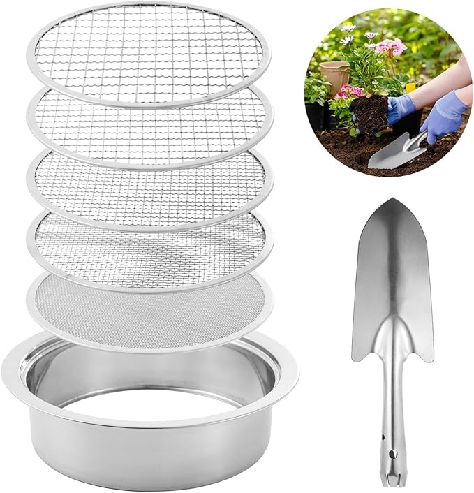 Soil Sifter for Gardening | Soil Sieve Stainless Steel with 5 Replaceable Mesh Screens - Size 8in Diameter 1/3/6/9/12mm Stackable Sifting Pan Sand Sieve with Shovel