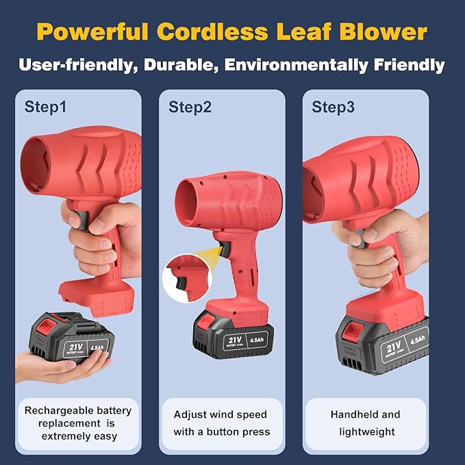Electric Mini Leaf Blower Powered Handheld Blower Leaf Adjustable Wind Speed Cordless 21V Battery Blower with 2 Rechargeable Batteries and Charger Toolbox for Yard Leaf &amp Snow Removal(Red)