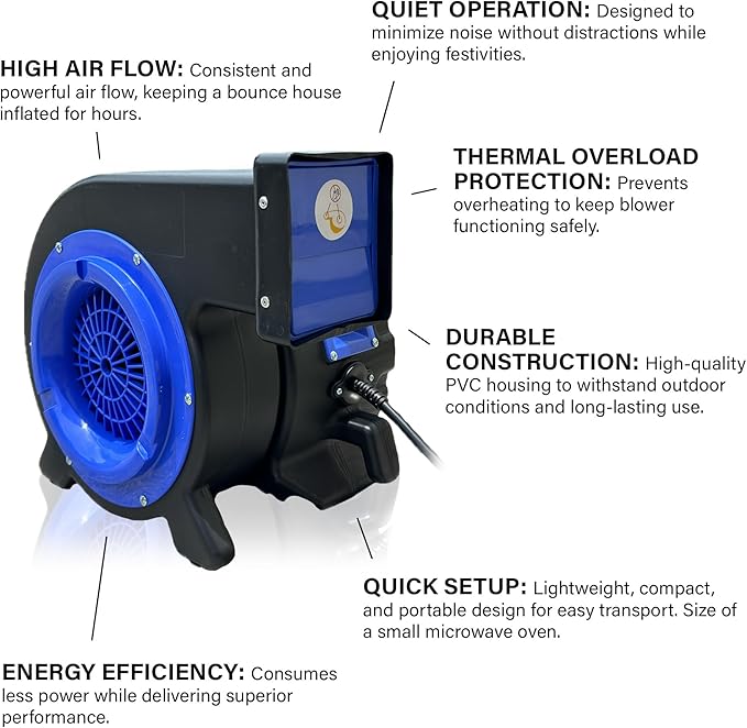JumpOrange Bounce House Air Blower 2HP for Inflatables Bouncy Castle and Slides Commercial Cyclone Fan for Indoor and Outdoor Use