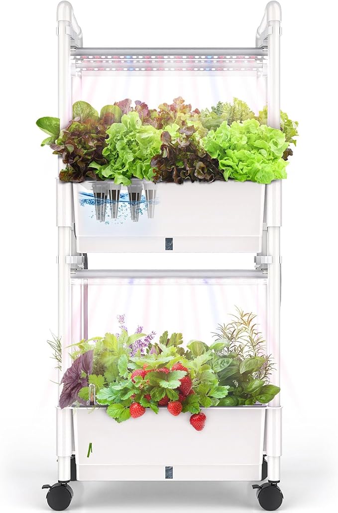 Hydroponics Growing SystemAOONEG 28Pods Indoor Herb Garden with LED Grow LightHydroponics Growing System Kit with Automatic TimerPump SystemAdjustable Height (No SeedGlossy White 2Layer-28Pods)