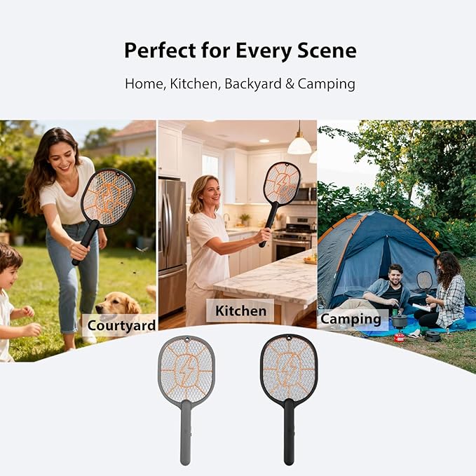 2-Pack Electric Fly Swatter – Battery Powered Mosquito &amp Bug Zapper Racket with Safe Mesh &amp Wall-Mount Design for Indoor and Outdoor Use (Black &amp Gray)