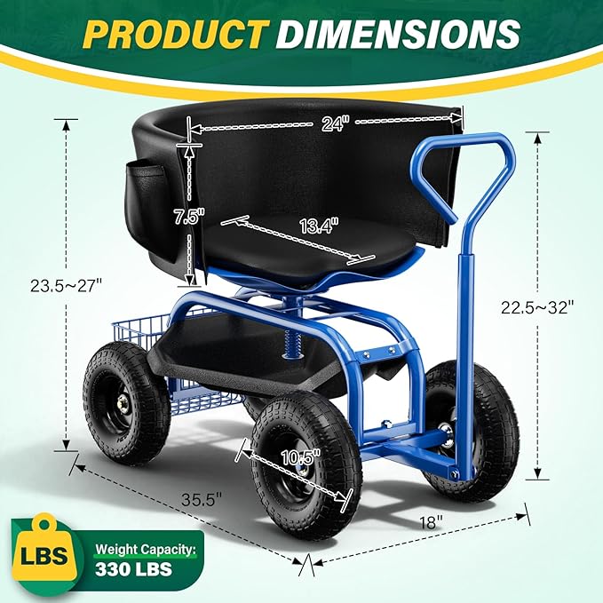 Garden Seat with Wheels Rolling Garden Stool with Adjustable 360°Swivel Seat Storage Basket &amp Extendable Handle Outdoor Gardening Scooter Garden Cart Workseat Stools for Seniors
