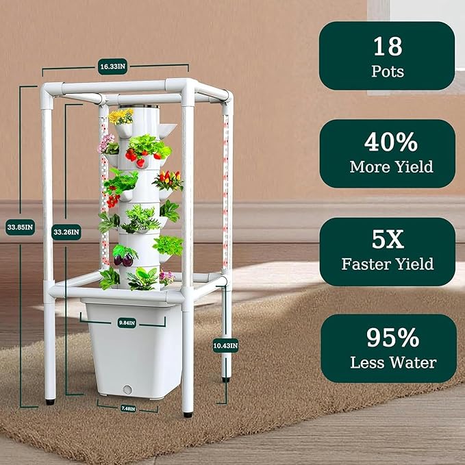 Hydroponic Culture 18 -Storey Hydroponic Tower Interior Vertical Garden with Timed LED Growth Light Nursery Germination Kit That Includes Level