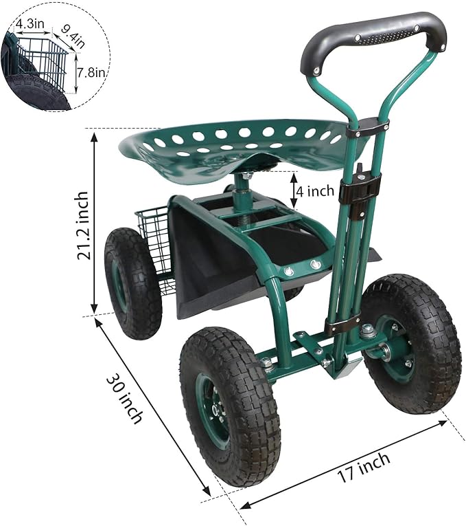 Garden Cart with Seat Rolling Garden Seat with Extendable Steer Handle Tool Tray and Storage Basket Garden Patio Wagon Scooter for Planting Indigo
