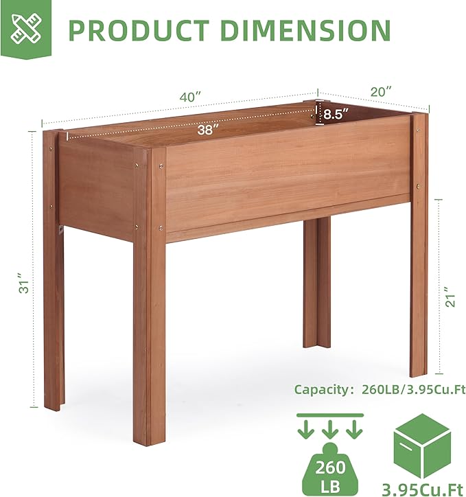 40x20x31 inch Raised Garden Bed with Legs Elevated Wooden Planter Box for Outdoor Plants Flowers Fruits Vegetable Herb Growing