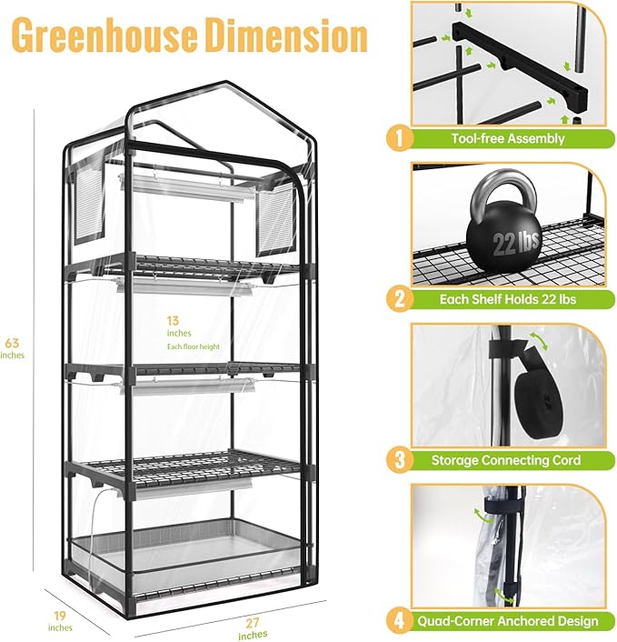 Mini Indoor Greenhouse with Grow Light 4-Tier Plant Stand with Zippered Cover Ventilation Window Bottom Pouch 20W Full Spectrum Plant Light with Timer for Seedling 27L x 19W x 63H