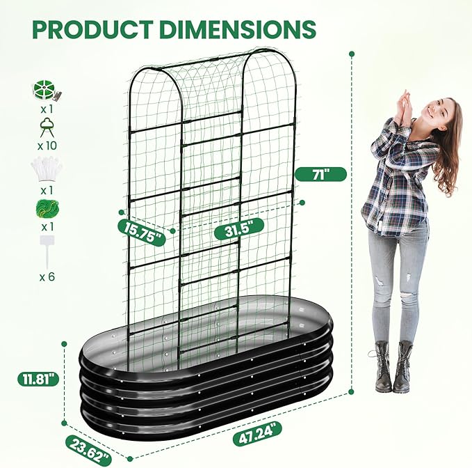 SUNYRISY 2Pack Galvanized Raised Garden Bed with 71in Arch Trellis for Climbing Plants Outdoor Planter Box with Climbing Net for Gardening Flowers Vegetables Fruits Herbs Black