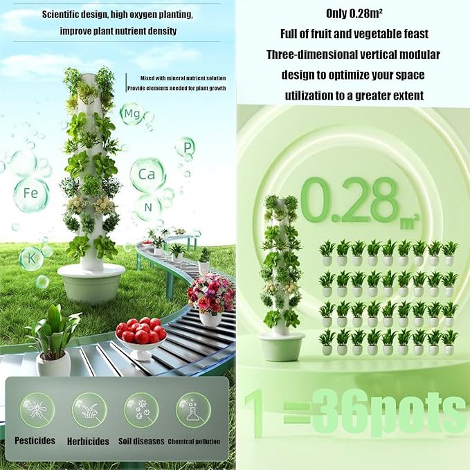 Auto Water Circulate Hydroponics TowerSoilless Cultivation Vertical Tower Farming Garden PlanterHydroponics Growing Towerwith Water Circulation and Automatic Timer green-9layers+plantlight