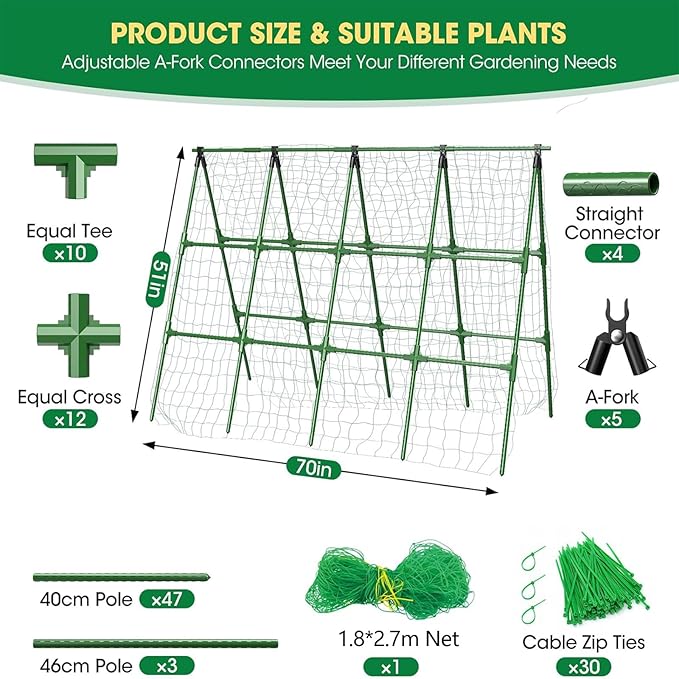 71 x 51 Cucumber Trellis for Raised Bed A-Frame Garden Trellis for Climbing Plants Outdoor Rust-Proof Metal Support for Tomato Peas Beans Zucchini &amp Vines with Netting &amp Clips
