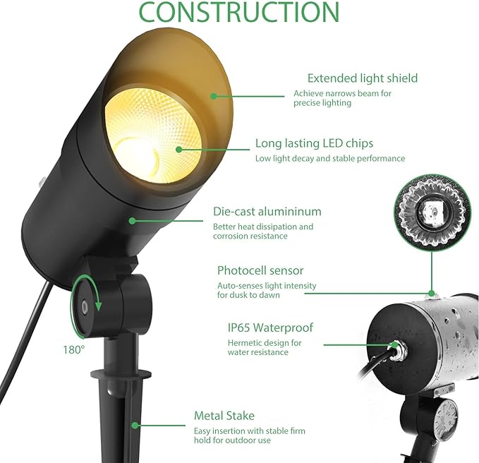 LOTMOS 30W Flag Pole Lights Dusk to Dawn LED Spot Outdoor with 9.68FT Cord 120V Plug in 3000K Warm Light Bullet Landscape Palm Tree Light with Photocell Sensor for Yard Lawn Statue