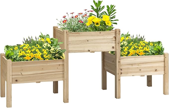 Raised Garden Bed with 3 Planter Boxes Two-Tier Elevated Wooden Plant Stand with Drainage Holes for Vegetables Herbs and Flowers Natural Wood