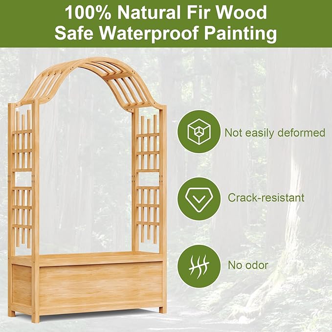 Raised Garden Bed with Trellis Freestanding Wood Planter Box w/Hanging Roof &amp Drainage Holes for Vine Climbing Plants Flowers Outdoor Planter with Trellis for Patio Balcony