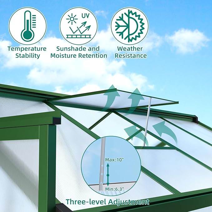 6x10 FT Greenhouse for Outdoors Aluminum Greenhouse with Quick Setup Structure and Roof Vent Polycarbonate Greenhouses Heavy Duty Large Walk-in Greenhouse for Winter Garden Backyard Patio Lawn