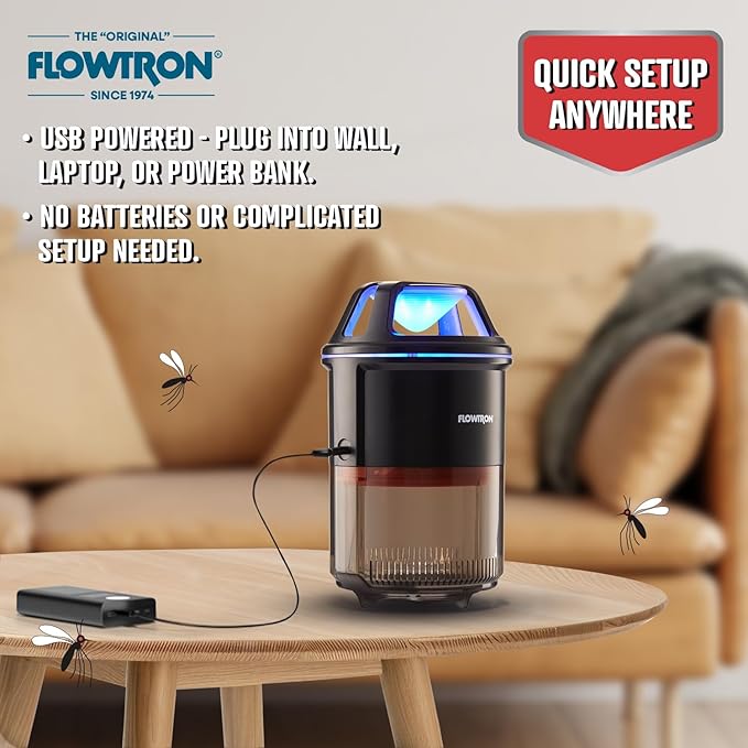 Flowtron Indoor Bug Trap | UV Light Mosquito Trap with Fan 860 Sq Ft Coverage USB-C Powered Insect Catcher for Kitchen Bedroom Restaurant | Quiet Fly Trap for Indoor Use