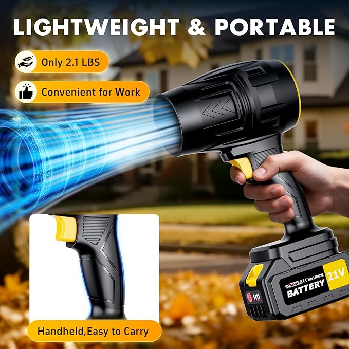 Electric Leaf Blower Cordless with 21V 2 * 3000mAh Batteries and Charger 400000RPM Handheld Battery Powered Leaf Blower One-Touch Speed Adjustment Lightweight Turbo Blower for Yard PatioGarage