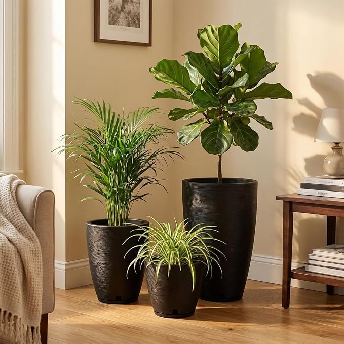 Floridis Set of 3 Black Planters for Indoor Outdoor Plants 11/17/25 Inch Plastic Plant Pots with Drainage Hole and Saucer for Patio and Front Porch