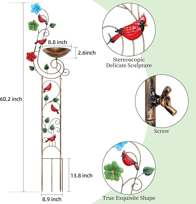 57” Bird Bath with Garden Trellis for Climbing Plants Outdoor Small Decorative Trellises Metal Birdbath Bird Baths 1 Piece (Redbird)