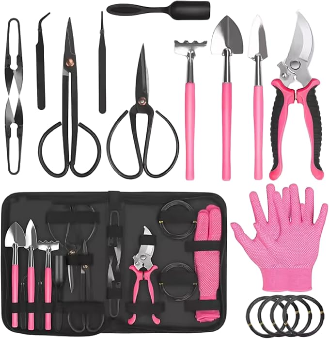 Bonsai Tool Kit High Carbon Steel Bonsai Tools Set Include Pruning Shears Scissors Trowel Rake PU Leather Bag and More Portable Garden Tool Set