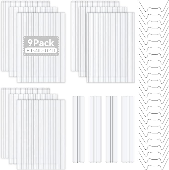 9 Pack Polycarbonate Greenhouse Panels 6' x 4' x 0.16 Twin-Wall Polycarbonate Sheets Include 4 H Connectors and 25 W-Clips Waterproof UV Protected Impact Resistance Clear Roofing Sheets for Garden