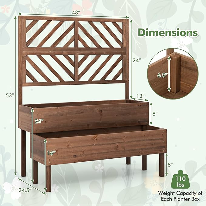 LDAILY Raised Garden Bed with Trellis &amp 2 Planter Boxes 2-Tier Wooden Raised Bed with Bottom Elevated Legs &amp 10 Drainage Holes Gardening Planter Box for Flowers/Vegetables/Fruits in Backyar