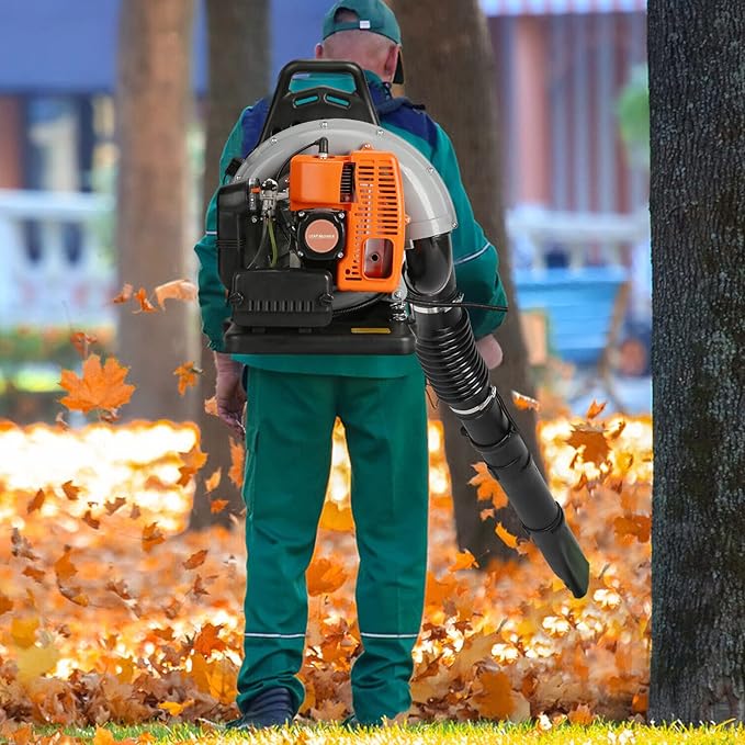 63CC Backpack Leaf Blower Gas Powered 3HP 2-Stroke Engine 665CFM High Velocity Air Cooling System Adjustable Backpack Blowers Gas for Lawn Garden Yard Snow Gutter Cleaning (Power Orange)